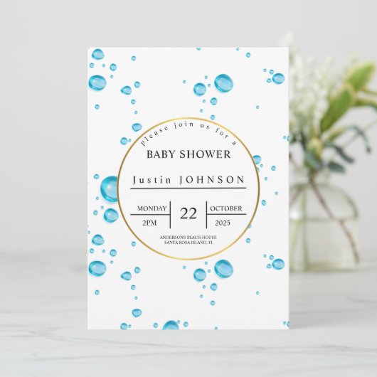 Blaues Wassertropfmuster Wasserfarben Babydusche Einladung (Stehend Vorderseite)