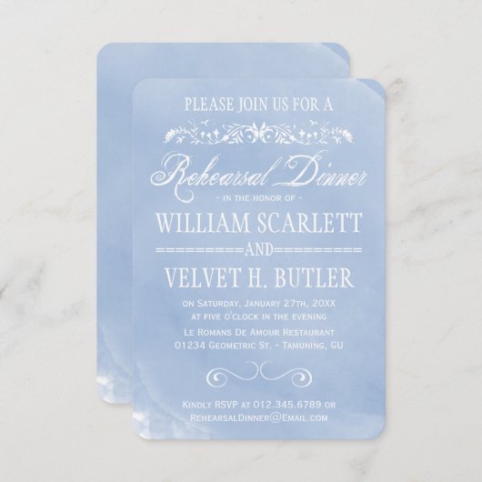 Blaues Watercolor-Proben-Pastellabendessen lädt Einladung (Vorne/Hinten)