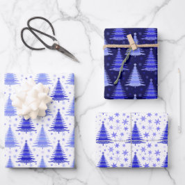 Blaues Weihnachtsbaummuster Geschenkpapier Set