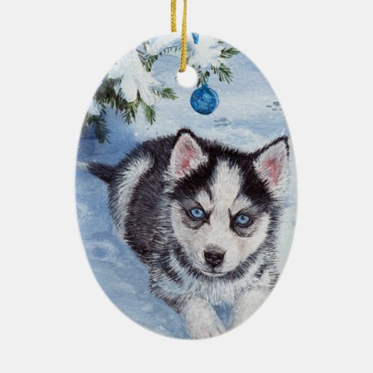 Blaues Weihnachtsheisere Keramik Ornament (Hinten)