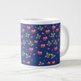 Blaues Weihnachtsherzen- und Stechpalmen-Tasse Jumbo-Tasse