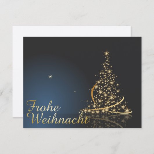 Blaues Weihnachtsmotiv mit goldenem Weihnachtsbaum Einladung (Vorne/Hinten)