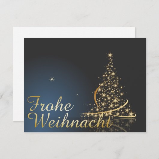 Blaues Weihnachtsmotiv mit goldenem Weihnachtsbaum Einladung (Vorne/Hinten)