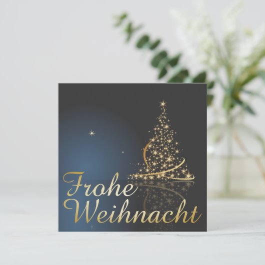 Blaues Weihnachtsmotiv mit goldenem Weihnachtsbaum Einladung (Stehend Vorderseite)