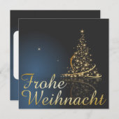 Blaues Weihnachtsmotiv mit goldenem Weihnachtsbaum Einladung (Vorne/Hinten)