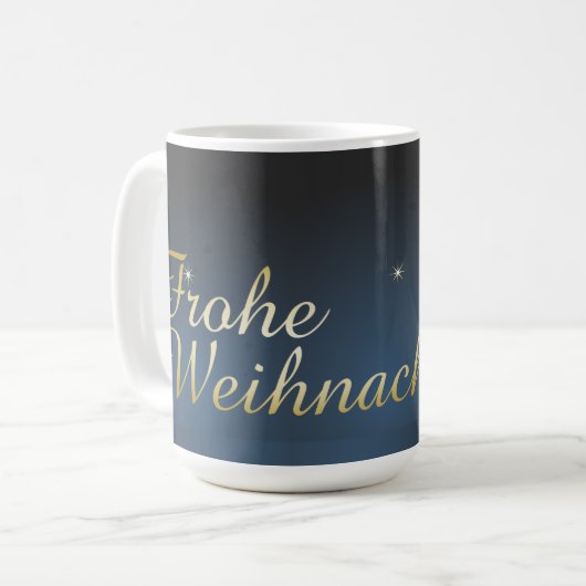 Blaues Weihnachtsmotiv mit goldenem Weihnachtsbaum Kaffeetasse (Vorderseite Links)