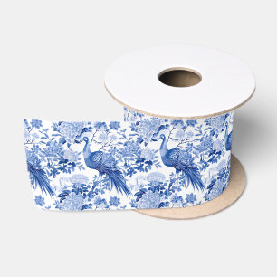 Blaues Weiß Chinoiserie Blumenpfaue Vögel Satinband