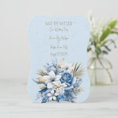 Blaues Weiß und braunes Blumenbouquet Save The Date (Stehend Vorderseite)