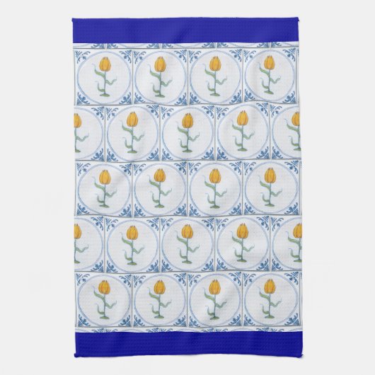 Blaues weißes Delft Tulip Muster Blaue Grenze Geschirrtuch (Vertikal)