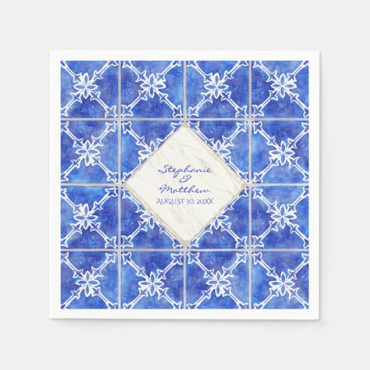 Blaues, weißes Fliesenmuster Hochzeit Wasserfarbe Serviette (Vorderseite)