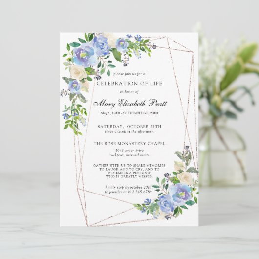 Blaues weißes, geometrisches Bekenntnis des Lebens Einladung (Stehend Vorderseite)