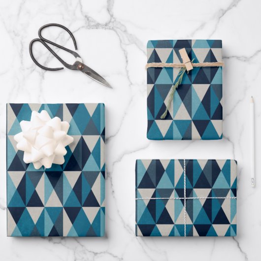 Blaues weißes geometrisches Muster Geschenkpapier Set (Vorderseite)
