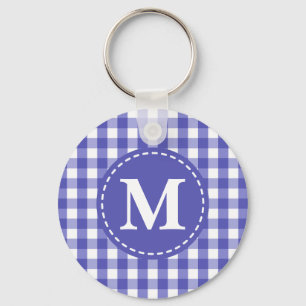 Blaues weißes Gingham-Karo-Muster-Monogramm Schlüsselanhänger