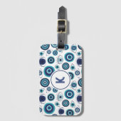 Blaues Weißes Griechisches Augenmuster Monogramm Gepäckanhänger (Vorderseite Vertikal)