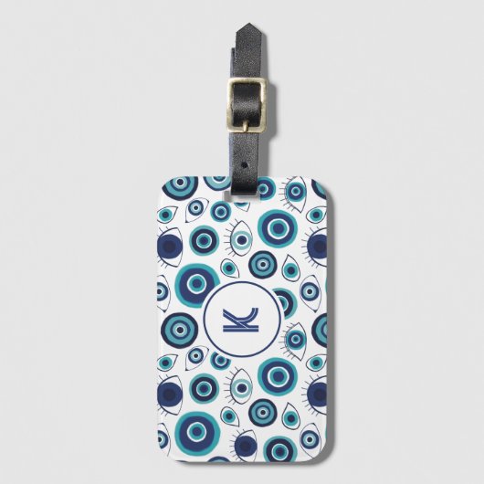 Blaues Weißes Griechisches Augenmuster Monogramm Gepäckanhänger (Vorderseite Vertikal)