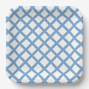 Blaues weißes Harlequin Diamant Strippmuster Pappteller