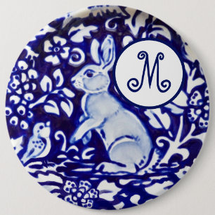 Blaues Weißes Kaninchen-Bird-Floral-Monogramm Ele Button