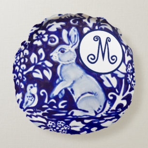 Blaues Weißes Kaninchen-Bird-Floral-Monogramm Ele Rundes Kissen