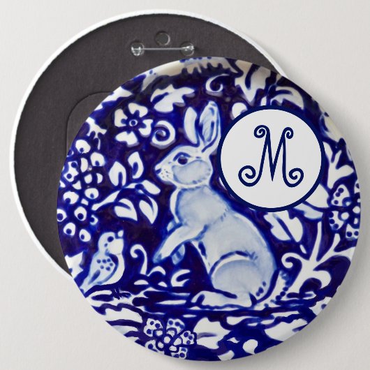 Blaues Weißes Kaninchen-Bird-Floral-Monogramm Eleg Button (Vorne & Hinten)