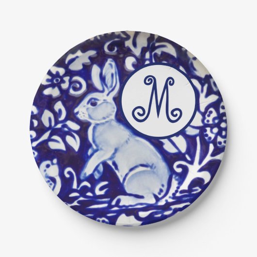 Blaues Weißes Kaninchen-Bird-Floral-Monogramm Eleg Pappteller (Vorderseite)