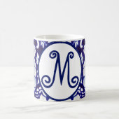 Blaues Weißes Kaninchen Bunny Floral Monogram Eleg Kaffeetasse (Mittel)