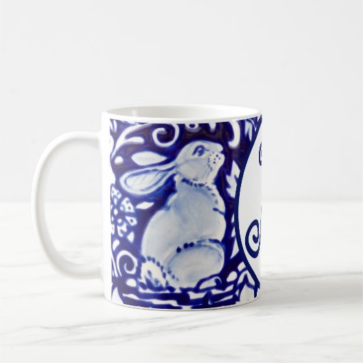 Blaues Weißes Kaninchen Bunny Floral Monogram Eleg Kaffeetasse (Links)
