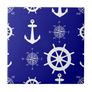 Blaues weißes Küstenschiff Fliese