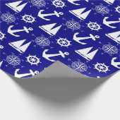 Blaues weißes Küstenschiff Geschenkpapier (Ecke)