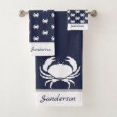 Blaues weißes Monogramm der Nautikkrabbe Badhandtuch Set (Insitu)