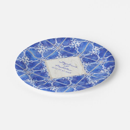 Blaues weißes pappteller (Schrägansicht)