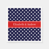 Blaues weißes Polka Dots Rotes Namensmonogramm Serviette (Vorderseite)