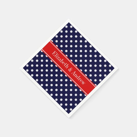 Blaues weißes Polka Dots Rotes Namensmonogramm Serviette (Ecke)
