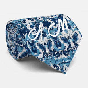 Blaues weißes Retro-Ikat-Muster 2 Monogramm-Initia Krawatte