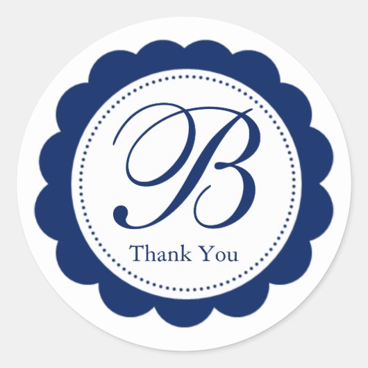 Blaues weißes Scallope Circle Monogramm Runder Aufkleber (Vorderseite)