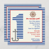 Blaues, weißes Segelboot 1. Geburtstag Party Einladung (Vorne/Hinten)