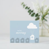 Blaues weißes und Grau bewegen wir Fliegen-Zuhause Postkarte (Stehend Vorderseite)