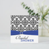 Blaues, weißes und schwarzes Damast-Brautparty Einladung (Stehend Vorderseite)