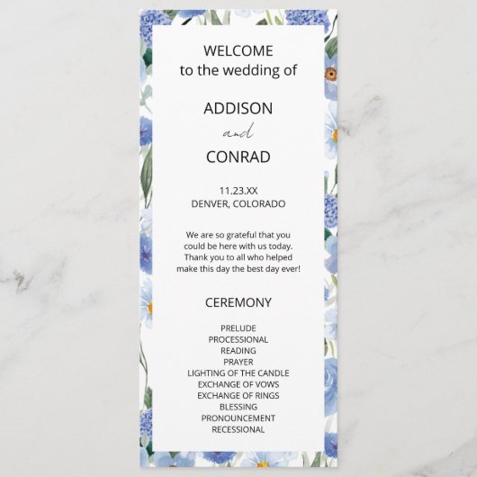 Blaues weißes Wasser Botanische Hochzeit Programm (Vorderseite)