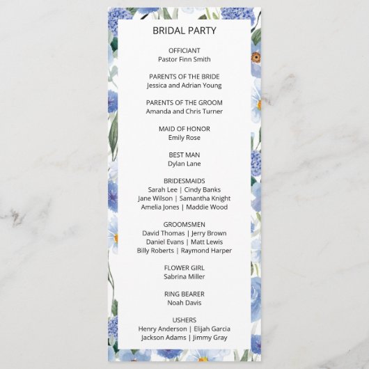 Blaues weißes Wasser Botanische Hochzeit Programm (Rückseite)