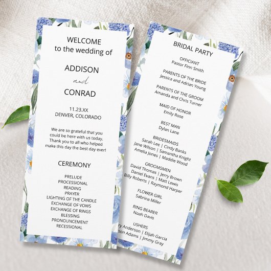 Blaues weißes Wasser Botanische Hochzeit Programm