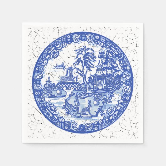 Blaues Weißes Willow Rabbit Whimsical Crackle Look Serviette (Vorderseite)