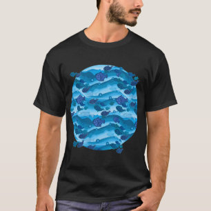 Blaues Wellen-Fischmuster T-Shirt