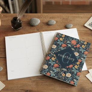 Blaues William Morris Blumenmuster Elegantes Monog Planer