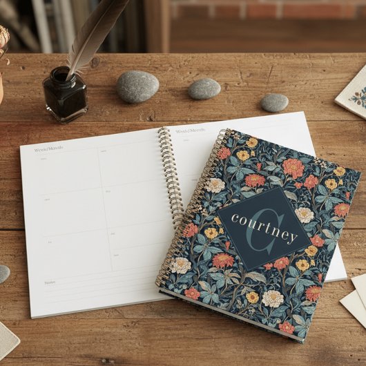 Blaues William Morris Blumenmuster Elegantes Monog Planer