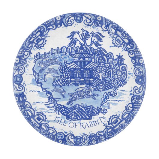 Blaues Willow Rabbit Island White Whimsical Toile Schneidebrett (Vorderseite)