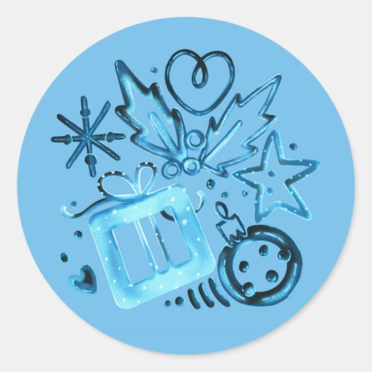 Blaues Wintergeschenk & Stechpalme, Schneeflocken Runder Aufkleber (Vorderseite)