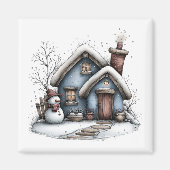 Blaues Winterhäuschen Weihnachtsmagnet Magnet (Vorne)