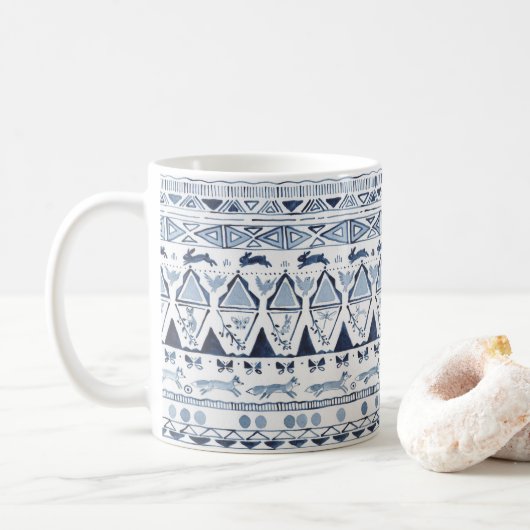 Blaues Woodland Tierfox Kaninchen Muster Kunst Kaffeetasse (Mit Donut)