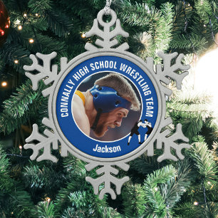 Blaues Wrestling-Team-Foto High School Wrestler Schneeflocken Zinn-Ornament