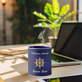 Blaues Yachtboot Name Gold Lenkrad Tasse